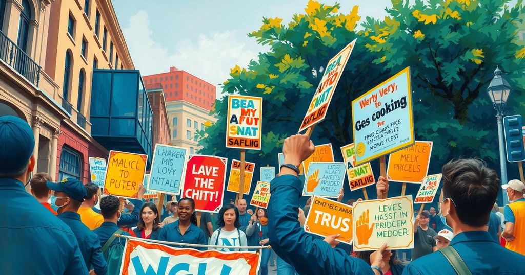 A vibrant street scene depicting a protest with colorful signs and banners surrounded by crowds and buildings.