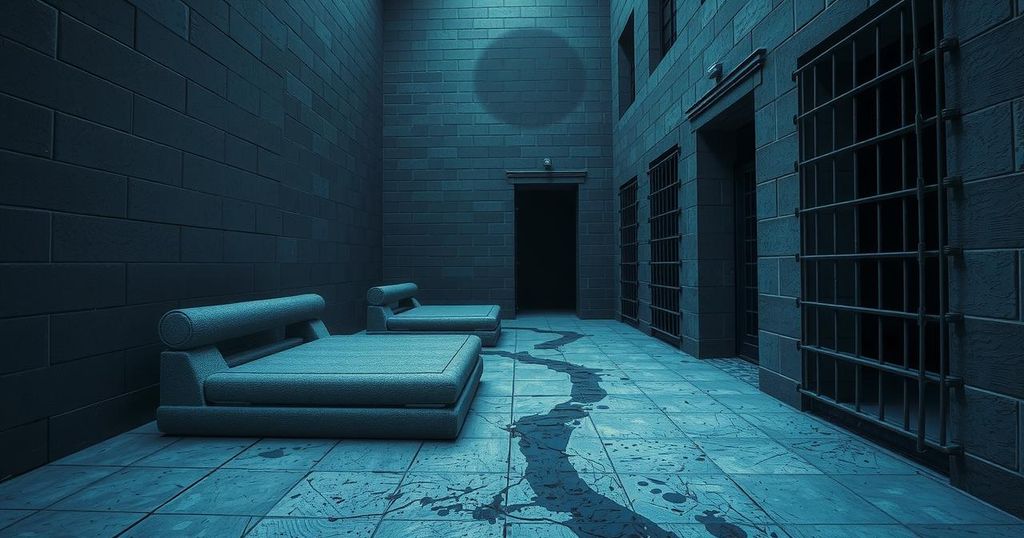 A desolate prison yard with gray walls, iron bars, and dark clouds above, reflecting fear and tension in a stark environment.