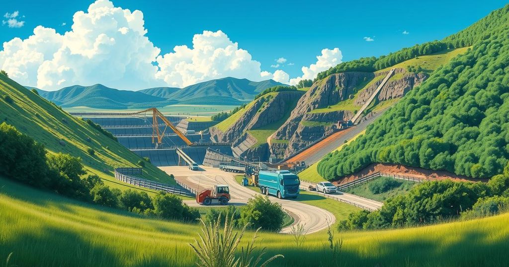 A serene landscape of a mine site with natural resources and lush vegetation, showcasing environmental richness.