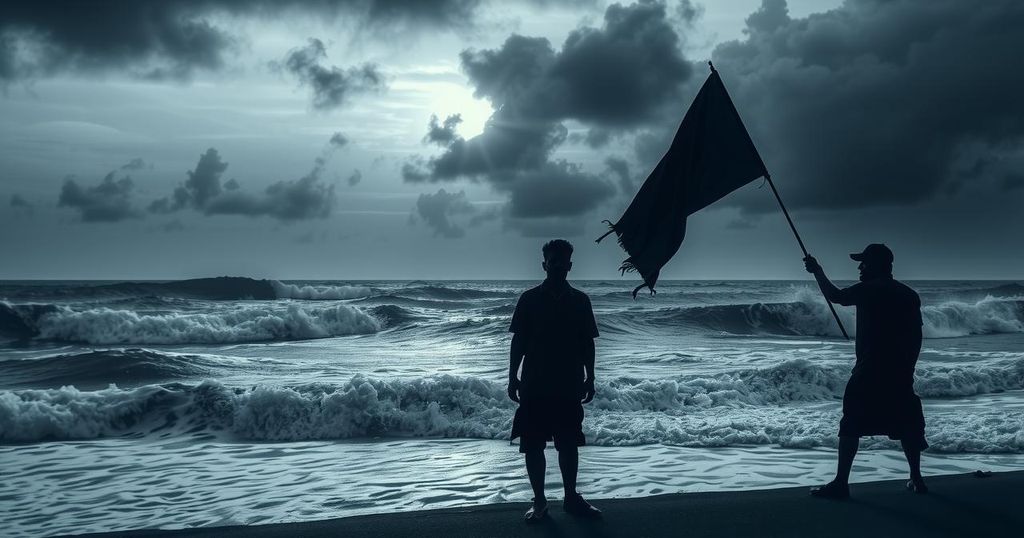 Three silhouetted figures on the shore at Dhanushkodi with stormy seas and a dark sky representing maritime apprehension.