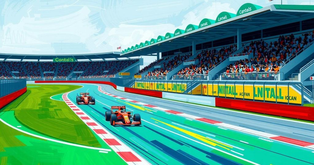 A dynamic track scene at Racers Grand Prix featuring a colorful racetrack and grandstands, showcasing athleticism and competitive spirit.
