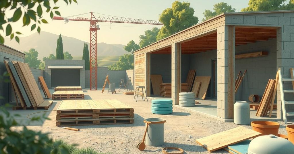 A serene landscape depicting a peaceful building site with trees, evoking hope amidst conflict.