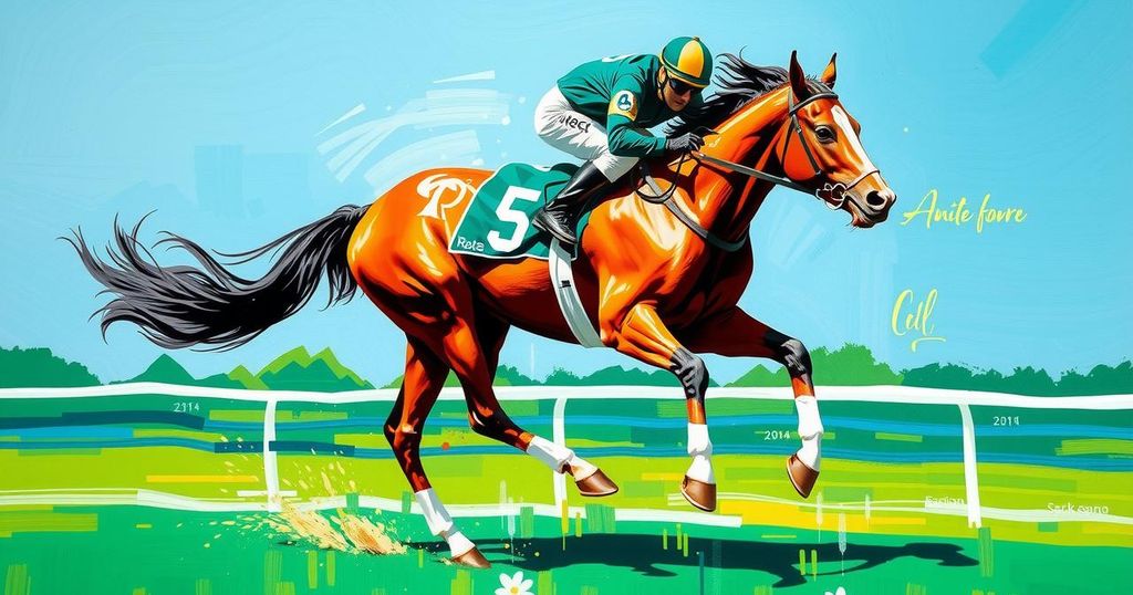 Majestic racehorse galloping on a lush racetrack under a clear blue sky with vibrant colors.