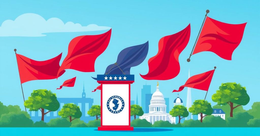 A political campaign scene with symbolic elements representing democratic values, featuring a blue and red color scheme.