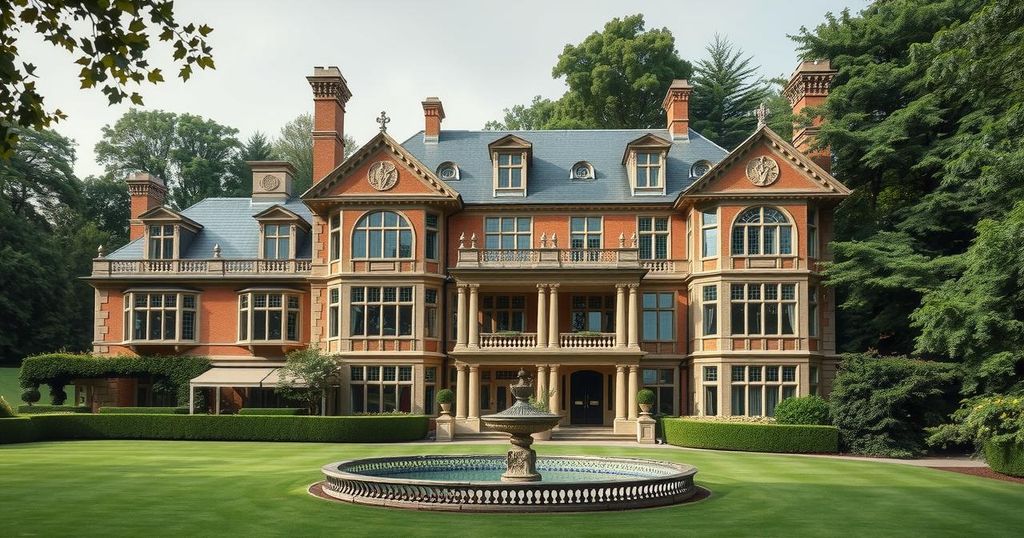 A luxurious property in London, symbolizing wealth and controversy, surrounded by greenery and elegant architecture.