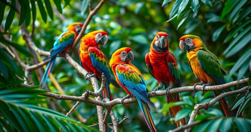 Colorful parrots featured in a lush green forest representing wildlife conservation efforts in Nigeria.