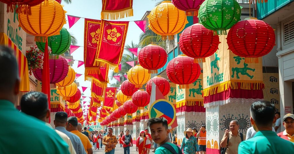 Vibrant parade setting with colorful banners, festive decorations, and lively cultural motifs representing celebration.