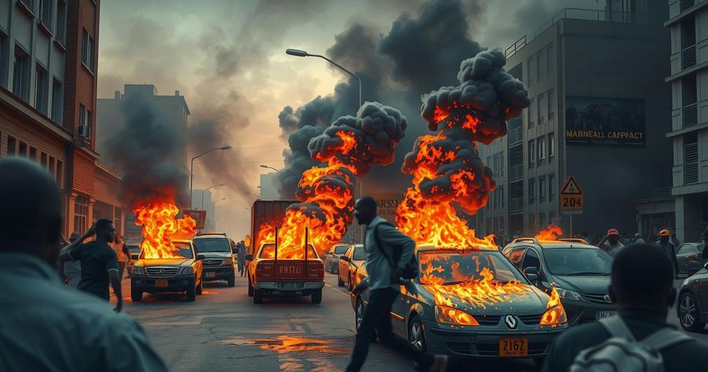 Dramatic protest scene in Nairobi with burning vehicles and smoke, showcasing tension in urban landscape.