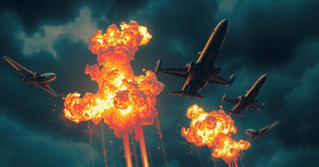 A powerful military strike scene with dramatic clouds and explosions in a dark sky, showcasing intensity and strength.