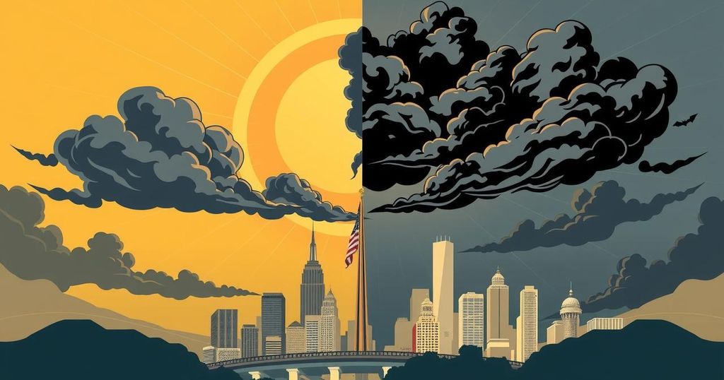 A divided political scene with symbolizing icons of a radiant sun and dark clouds over a city skyline.