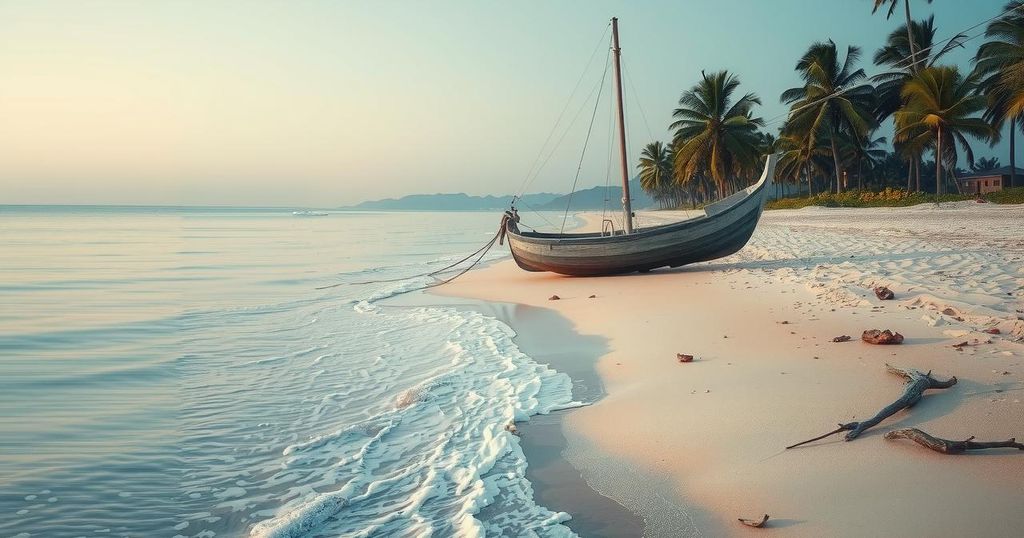 A grounded boat on a tropical beach, surrounded by calm turquoise waters and scattered debris, conveying a mysterious scene.