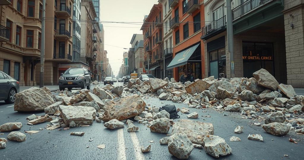 Debris and rocks on a road in a city setting after a seismic event, showcasing urban recovery efforts.