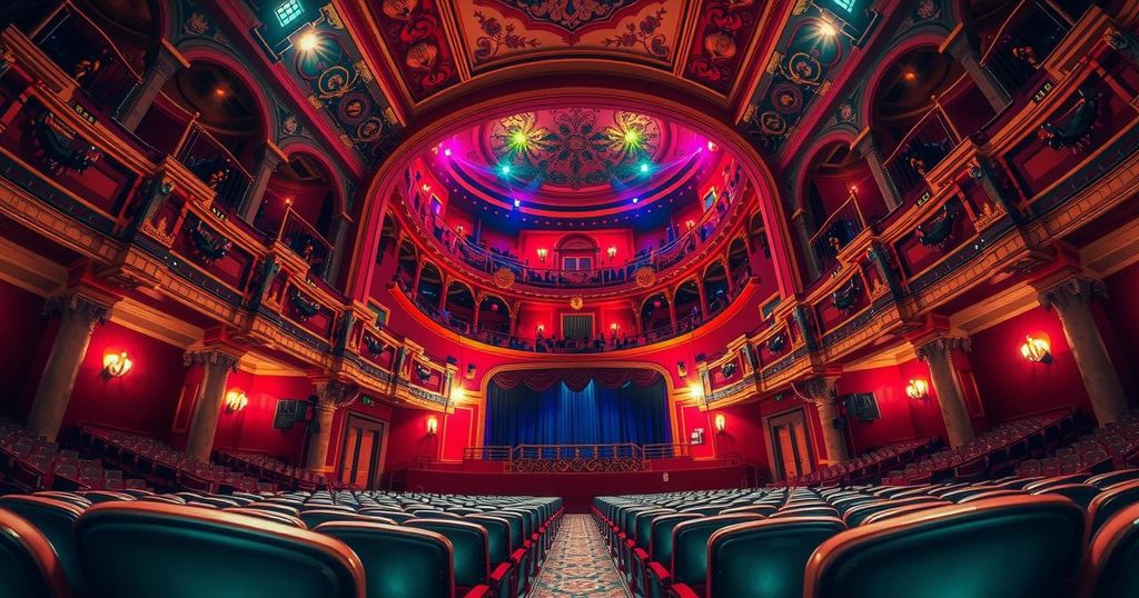 A vibrant depiction of the Shanghai Grand Theatre during a film award ceremony, celebrating global cinema.