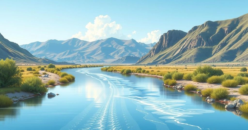 A serene landscape near the San Luis border, showcasing clear skies and distant mountains with a calm river.