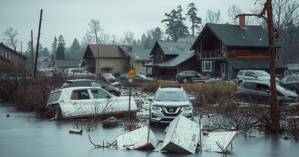 A landscape showing flood destruction with debris, submerged vegetation, and a somber atmosphere under cloudy skies.