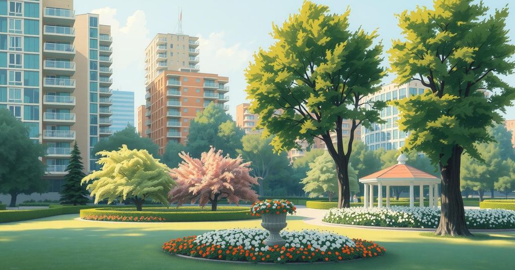 A serene city landscape of Decatur with a peaceful park and local buildings, capturing the essence of community life.