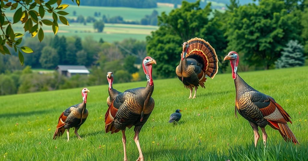 Wild turkeys roaming in a lush green field, showcasing nature's beauty and wildlife management.