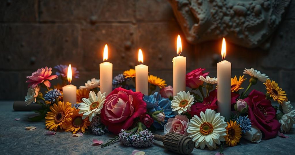 A somber memorial site with four candles and flowers, symbolizing remembrance and justice for historical injustices.