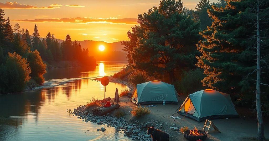 Serene campsite by a river with tents, trees, and a golden sunset over African savanna landscape.