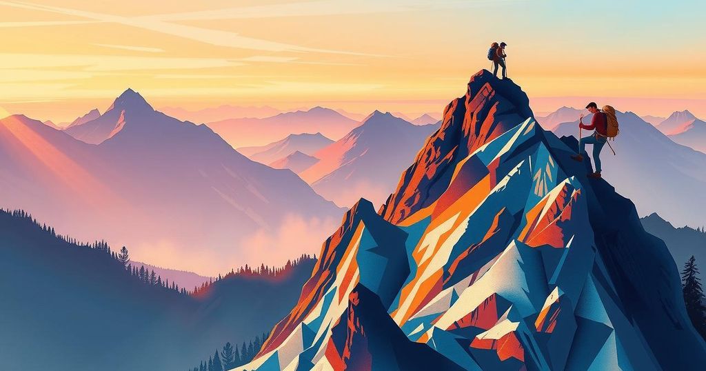 Mountain climbers ascending a scenic peak under a sky painted in sunset hues of orange, purple, and blue.