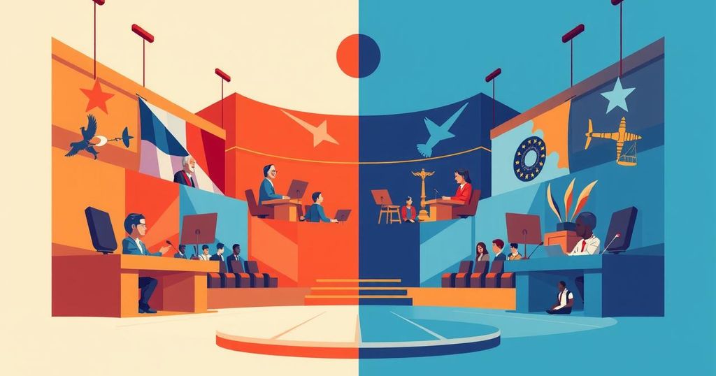 Parliamentary scene showcasing contrasting dynamics of political parties with vivid colors and abstract designs.