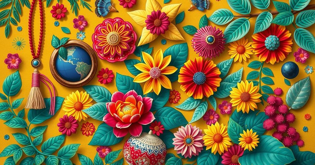 A vibrant scene showcasing Brazilian culture with colorful decorations and traditional motifs.