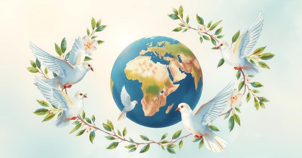 A symbolic representation of peace negotiations between nations, featuring a globe, doves, and olive branches in soft colors.