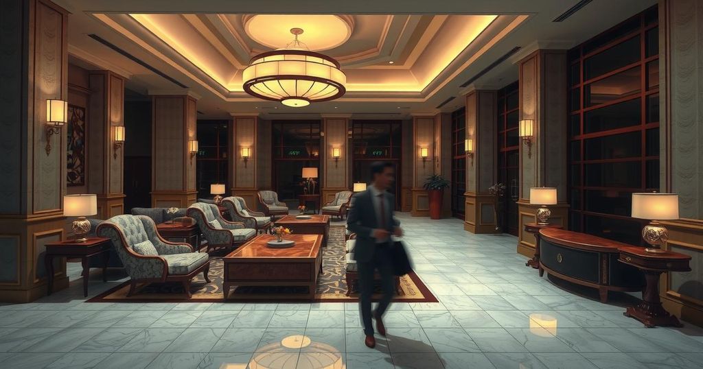 A serene hotel lobby with elegant decor, conveying a sense of security and vigilance, perfect for a crime investigation theme.