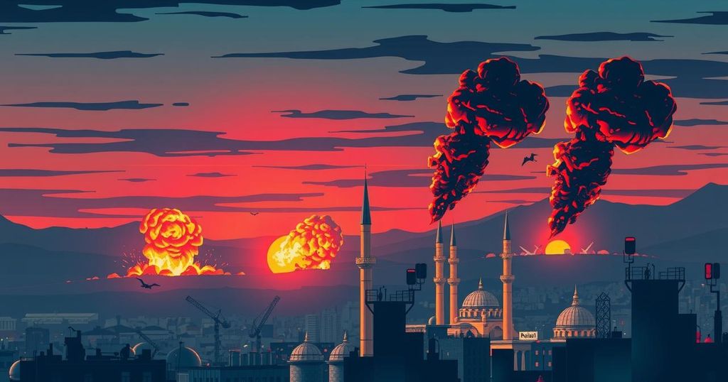 A dramatic skyline of Tehran at dusk, illuminated by flashes of explosions and smoke amidst a darkening sky.