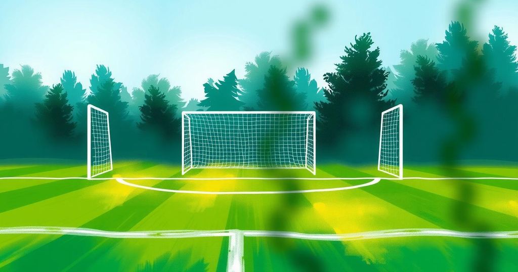 A vibrant soccer field with goalposts and a bright sky, showcasing excitement in a friendly match setting.