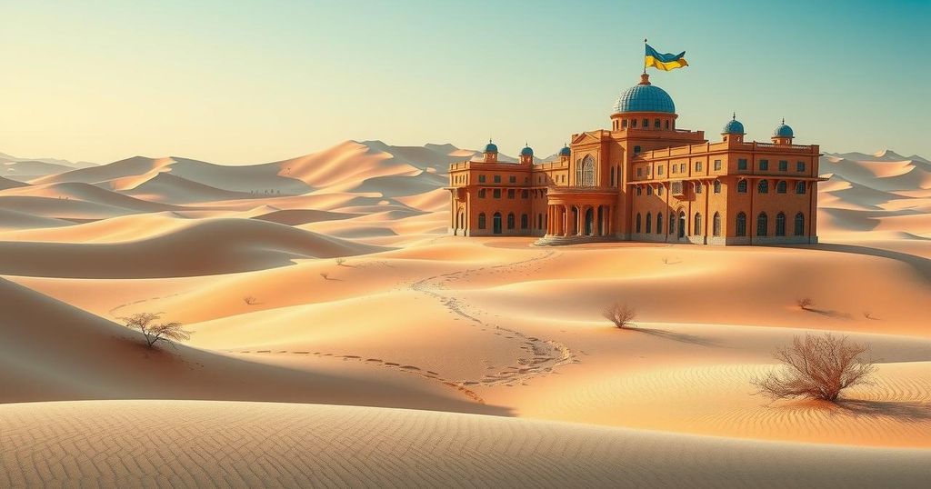 Ukrainian embassy in Mauritania surrounded by vibrant desert landscapes and refugee support activities.