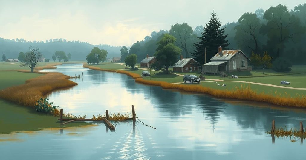 A serene landscape of a rural river flooded, with submerged houses and scattered debris, reflecting resilience in nature.