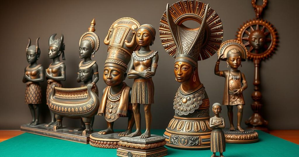 Artistic representation of the Nigeria Benin Bronzes with intricate details in bronze colors.