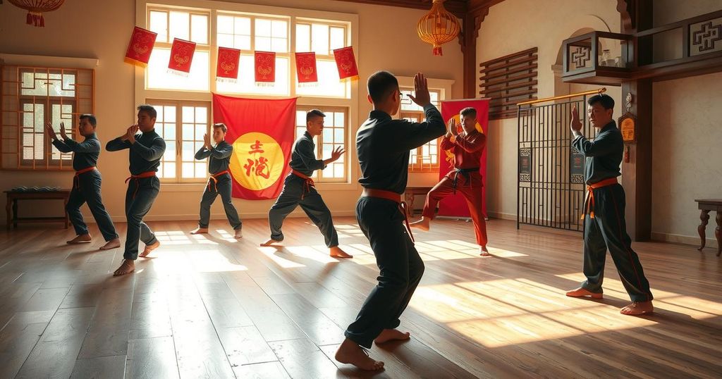 A vibrant martial arts club in Benin displaying kung fu movements under the warm sun, representing cultural exchange.
