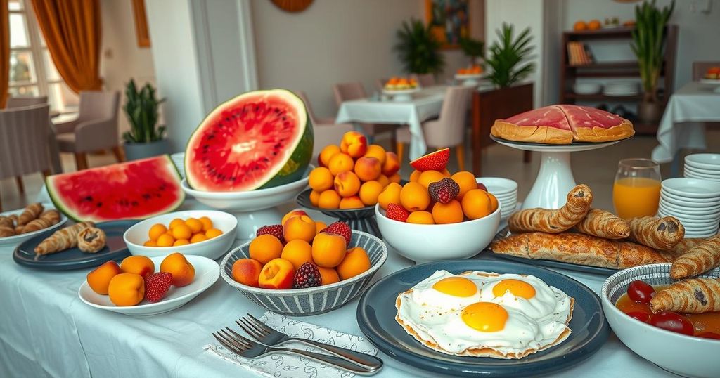 Tunisian hotel breakfast buffet featuring colorful fruits, eggs, pastries, and local dishes