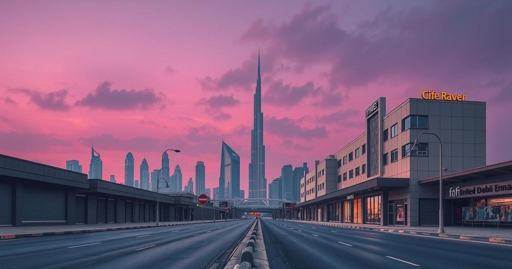 A view of the United Arab Emirates skyline with empty streets and closed shops reflecting the decline in tourism.