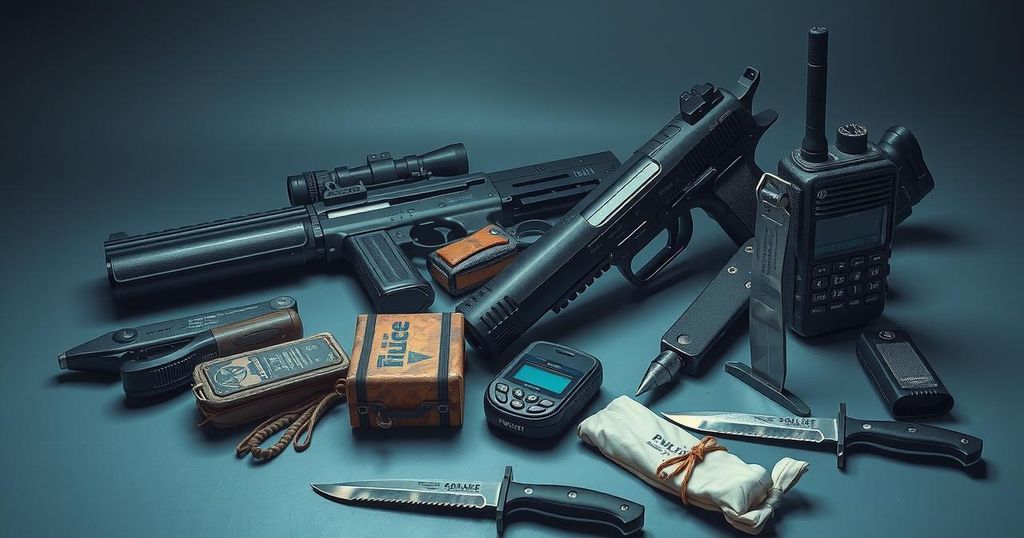 Police operatives arrest two suspects with weapons and tools in a scene indicative of crime prevention efforts.
