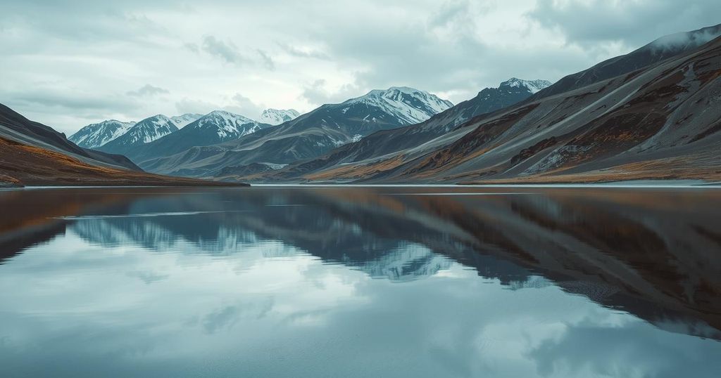 A somber landscape of a deserted lake surrounded by mountains, reflecting a somber mood of loss and remembrance.
