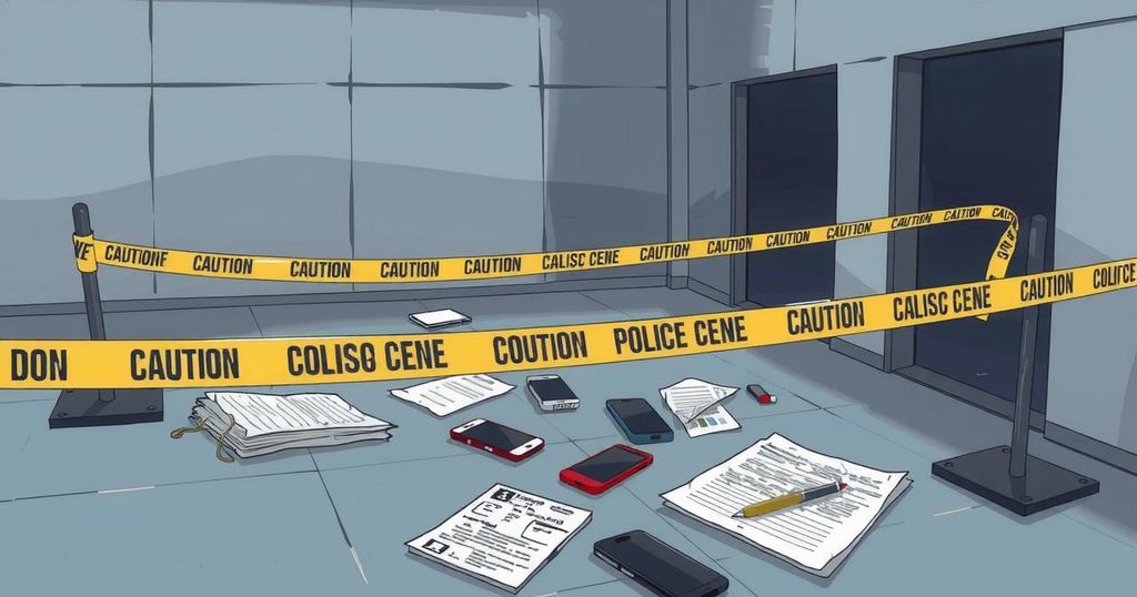 Three individuals arrested for investment fraud, depicting a police scene with caution tape and legal documents.