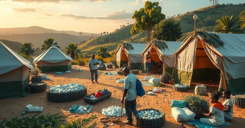 A vibrant healthcare outreach scene with medical tents and medical supplies in a rural setting, illustrating community healthcare support.