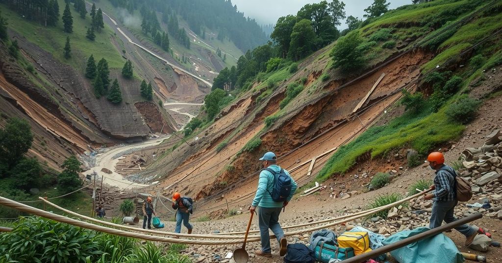 Rescue workers search through debris of homes after a landslide in a hilly area during rainy weather.