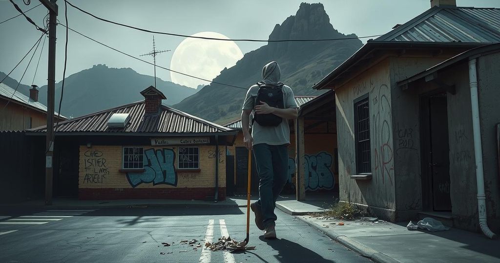 Desolate streets of Cape Town, with graffiti on walls, remnants of violence in a stark, muted color palette.