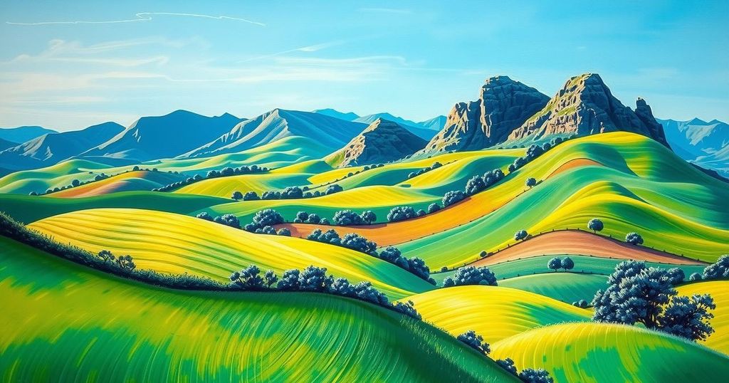 Vibrant South African landscape with rolling hills, rich green fields, and a serene blue sky.