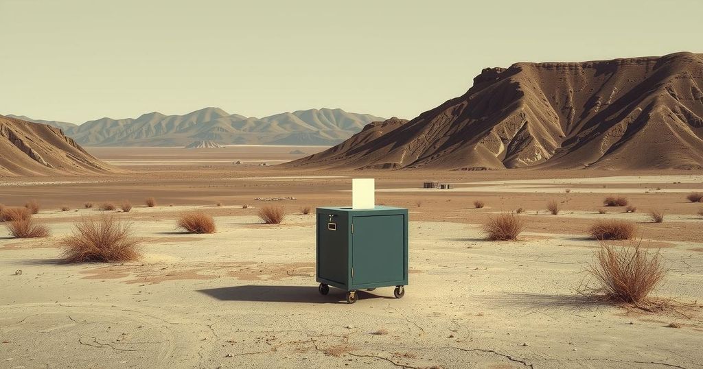 An abstract representation of democracy with a ballot box in muted earth tones, symbolizing the political climate.