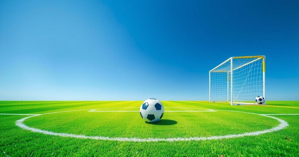 A vibrant soccer field with a ball, goalposts, and green grass under a bright blue sky.