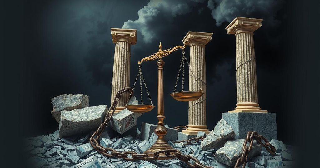 A symbolic representation of democracy with scales, chains, and broken pillars against a dark backdrop.