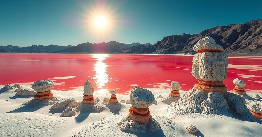 Lake Natron's striking red waters surrounded by mineral formations and salt marshes, showcasing nature's extremes.