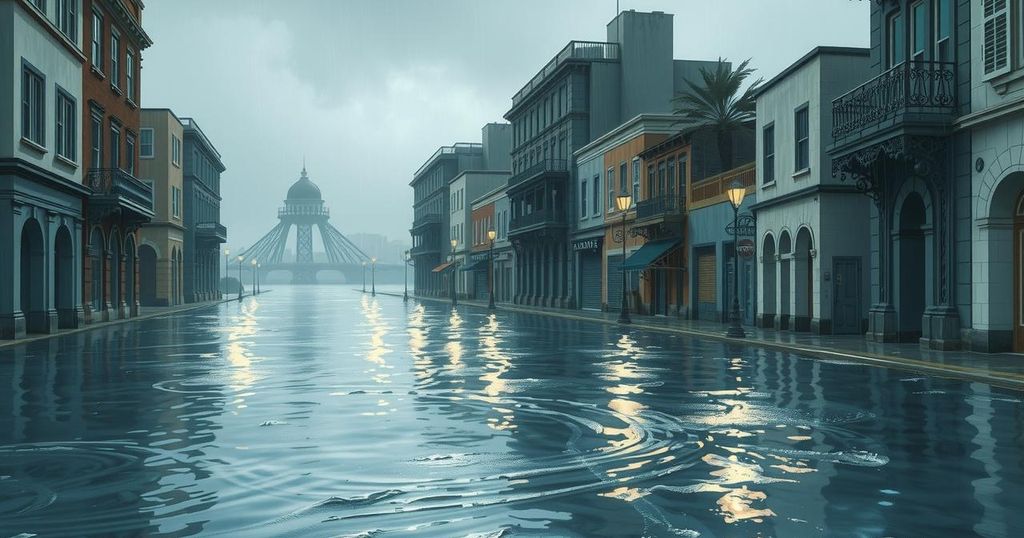 A dramatic scene of Alexandria's streets flooded by heavy rain and hail, showcasing overcast skies and undulating water.