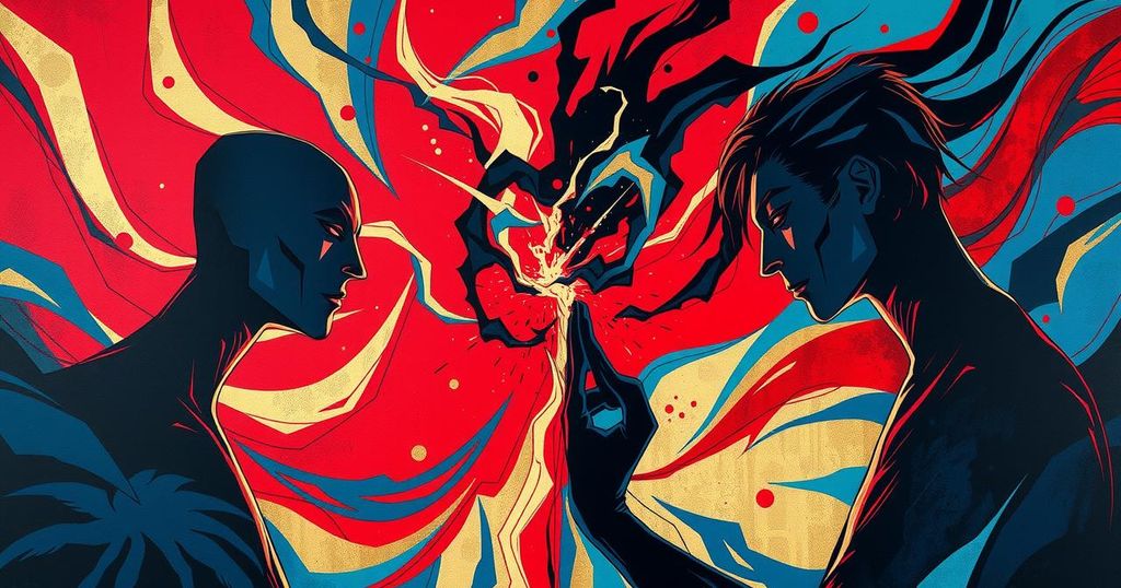 A dramatic depiction of two colossal egos in a fierce duel, set against a vibrant abstract background.