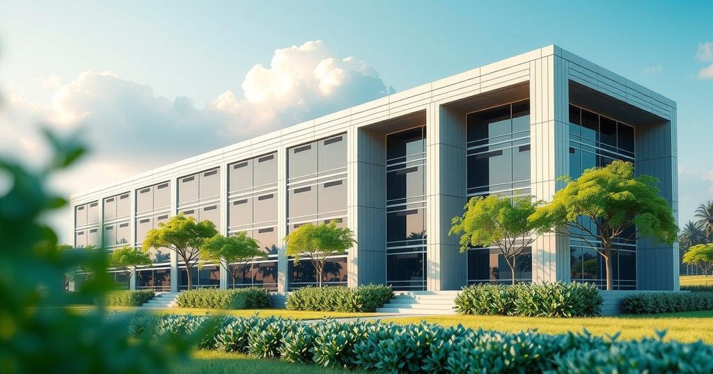 Modern data center in Botswana powered by green energy with sleek architecture and digital ambiance.